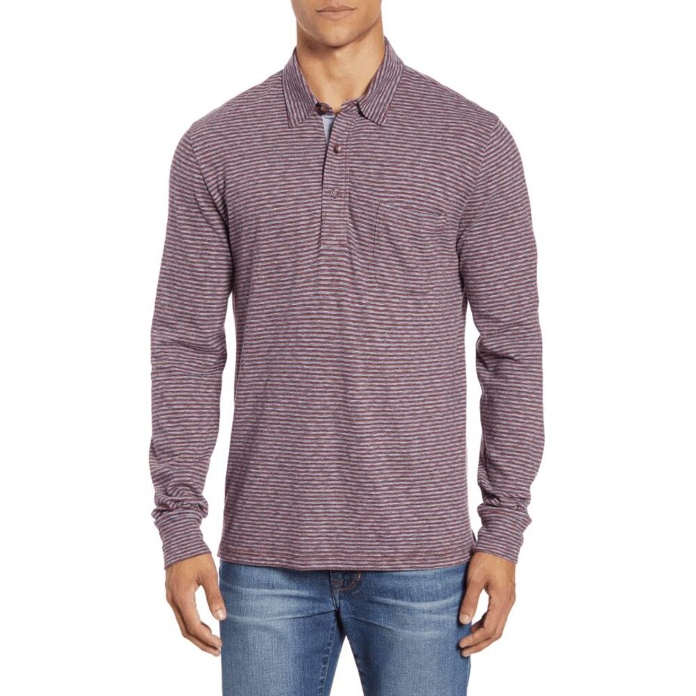 Faherty Brand Merlot Navy Heather Stripe Luxe Polo Shirt Men's Size Small